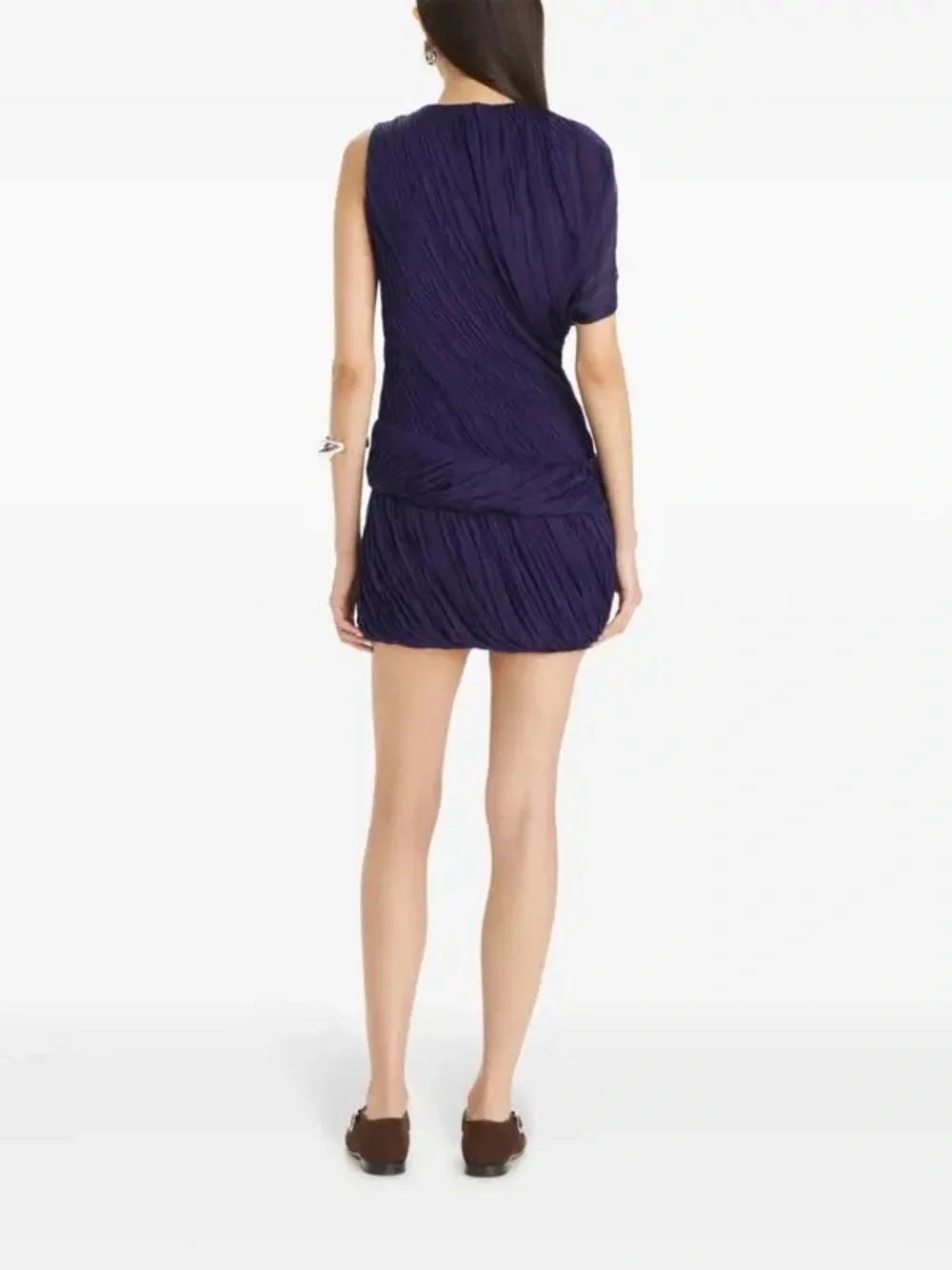 NWT $2298 Tory Burch One-sleeve Draped Silk-plissé Mini Dress In Purple